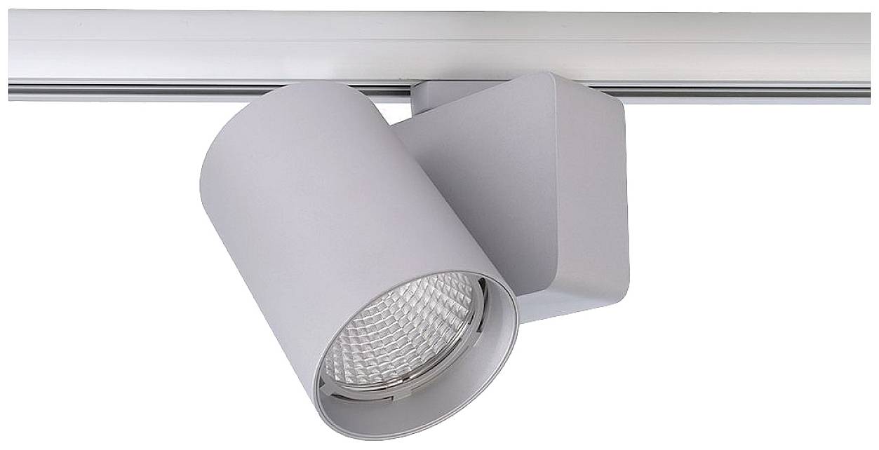 Silbergrauer LED-Deckenspot mit zylindrischem Design, an einer Schiene montiert.