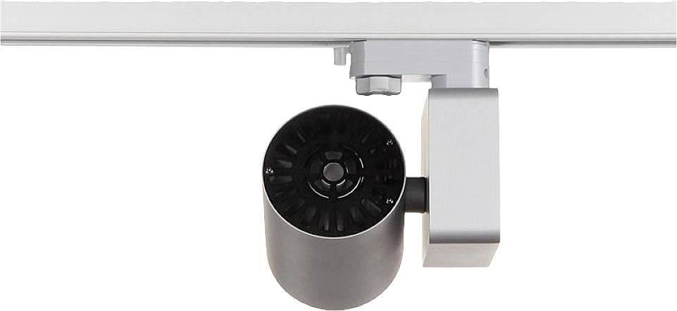 Eine schwarze zylindrische Lampe ist an einer silbernen Schiene montiert. Sie dient zur zielgerichteten Beleuchtung von Ausstellungsstücken.