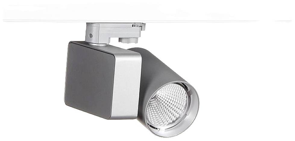 Eine silberne Decken-Spotleuchte mit modernem Design.