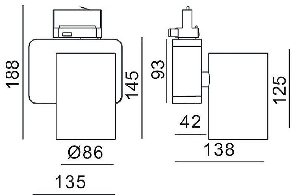 Technische Zeichnung eines Beleuchtungskörpers mit Abmessungen: Breite 135 mm, Höhe 188 mm, Tiefe 138 mm, Durchmesser Ø86 mm.