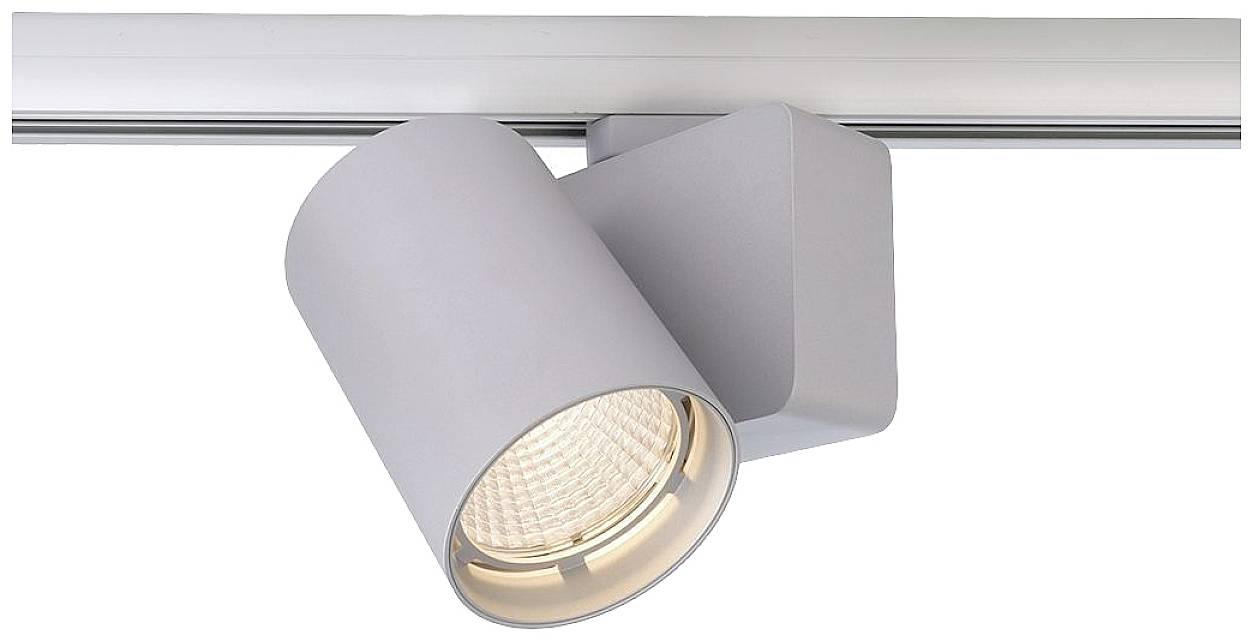 Ein grau-weißer Deckenstrahler mit zylindrischer Lampe und Halterung, montiert an einer Metallstrebe.