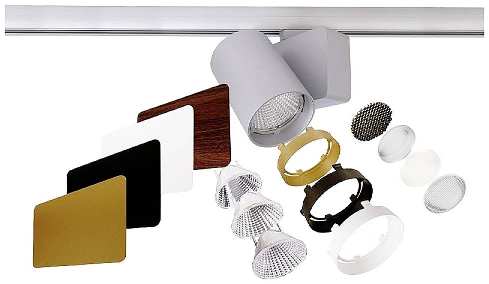 Mehrere LED-Leuchten-Modelle, verschiedene Oberflächenoptionen und Zubehörteile zur individuellen Anpassung der Lichtgestaltung.