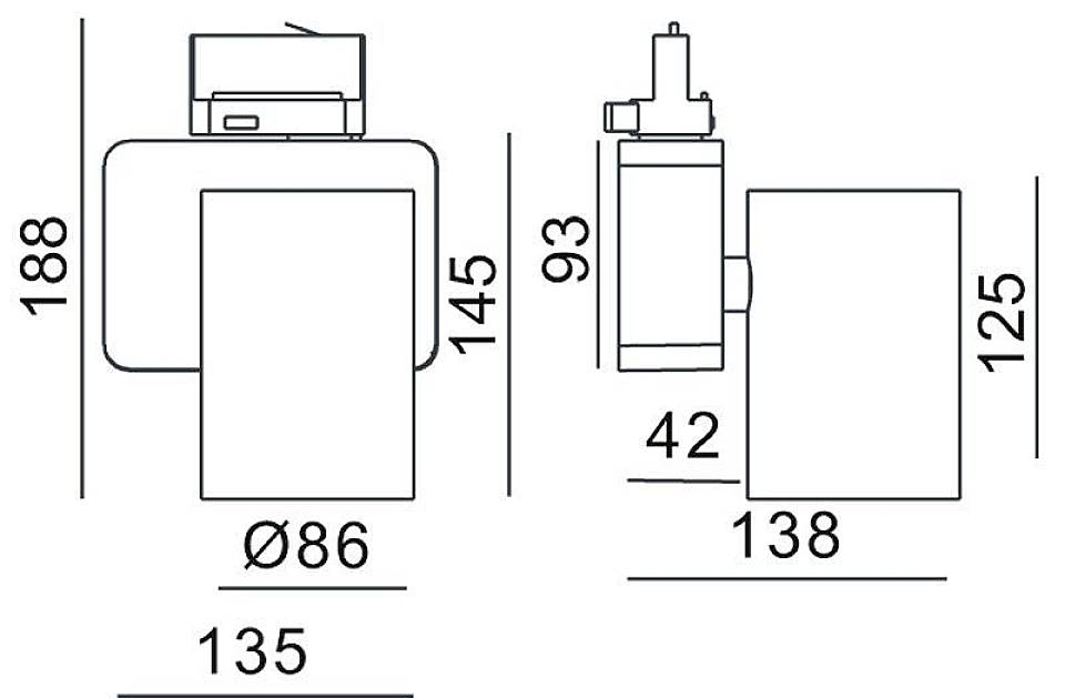 Technische Zeichnung einer Badezimmerarmatur mit Höhen- und Breitenangaben: Höhe links 188 mm, rechts 145 mm. Breitenangaben: Ø86, 135, 125, 138 mm.