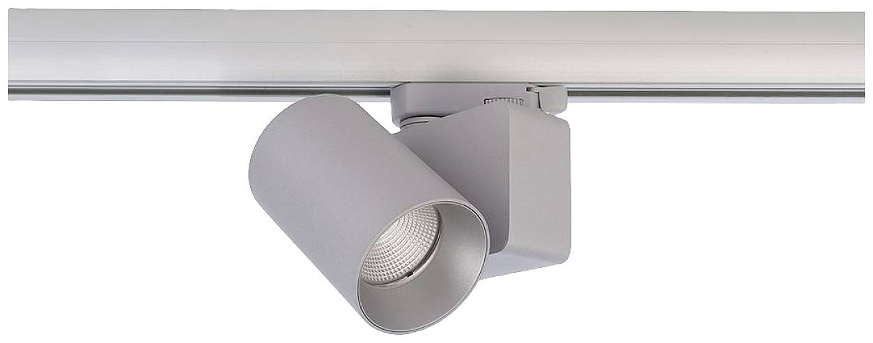 Eine silberne LED-Schienenleuchte ist an einer Metallschiene befestigt und zeigt nach unten. Sie wird häufig zur Akzentbeleuchtung verwendet.
