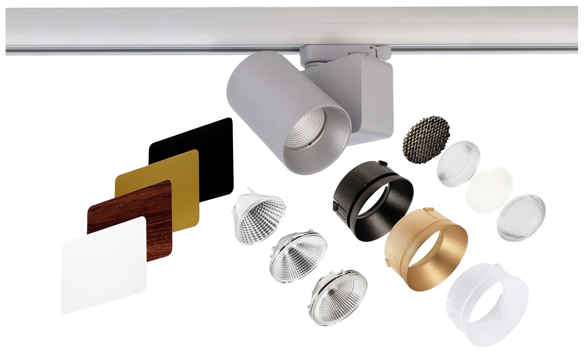 Spotleuchte mit Zubehör: Verschiedene Linsen, Farbfilter und Blenden. Ideal für individuelle Beleuchtungslösungen.