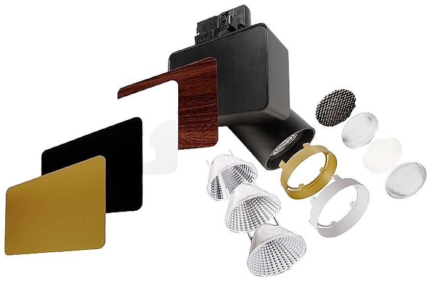 Auswechselbare Teile eines modularen Beleuchtungssystems. Verschiedene Abdeckungen und Reflektoren, passend für unterschiedliche Stilrichtungen und Beleuchtungsanwendungen.