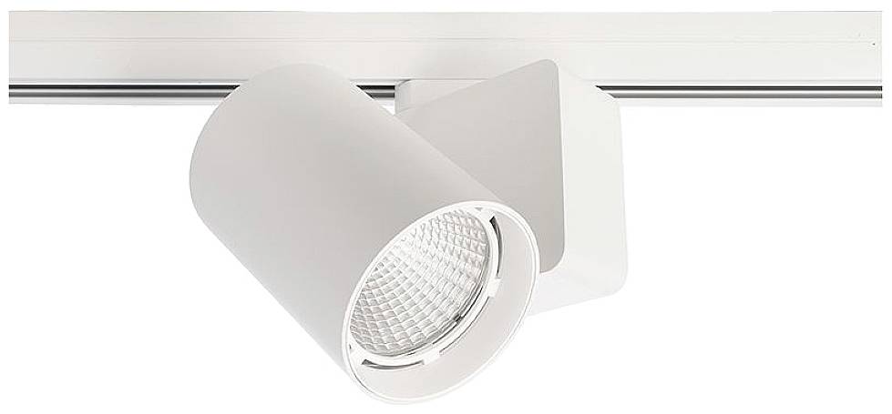 Ein weißer Deckenstrahler an einer Schiene, zeigt nach unten.