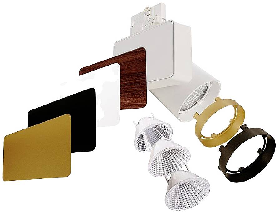 Beleuchtungssystem mit austauschbaren Abdeckungen in verschiedenen Farben und Formen sowie modularen Leuchten und Reflektoren.