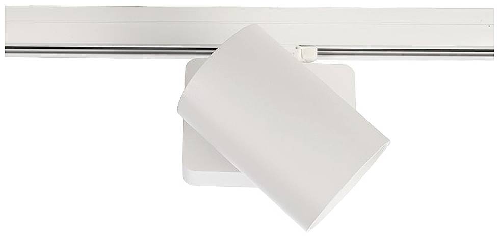 Weiße LED-Schienenleuchte vor weißem Hintergrund, zur akzentuierten Beleuchtung in Innenräumen geeignet.