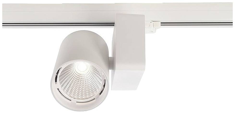 Ein weißer Decken-Spotstrahler ist an einer Schiene montiert und leuchtet.