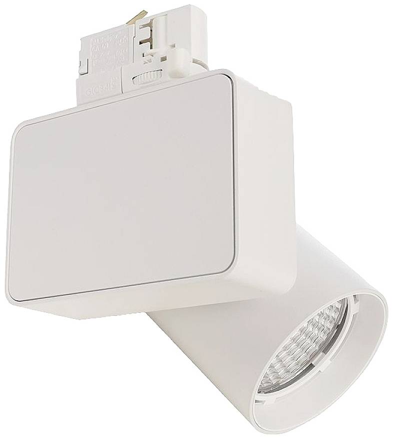 Moderner, weißer Strahler mit eckigem Gehäuse und zylindrischem Lichtkopf, geeignet für Deckenschienenmontage. Stromanschluss oben.