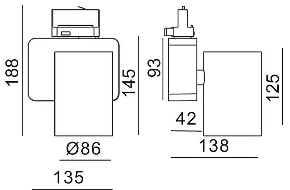 Technische Zeichnung eines zylindrischen Objekts mit Maßen: Höhe 188 mm, Durchmesser 86 mm, Breite 135 mm, Tiefe 138 mm.