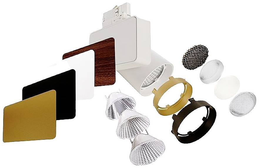 Ein Set von LED-Schienenleuchten mit austauschbaren Abdeckungen in verschiedenen Farben und Formen sowie Lichtstreulinsen.