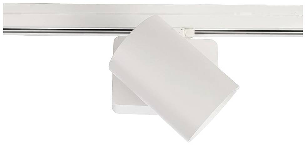 Ein weißer, verstellbarer Deckenstrahler, montiert an einer Schiene. Ideal zur punktuellen Beleuchtung in Innenräumen.