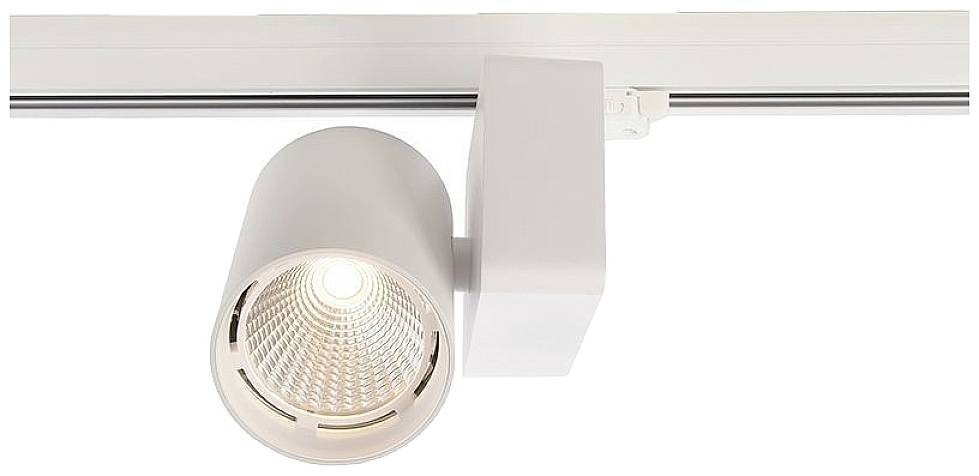 Ein weißer Deckenstrahler mit Schienenmontage leuchtet nach unten und bietet fokussiertes Licht auf eine bestimmte Fläche.