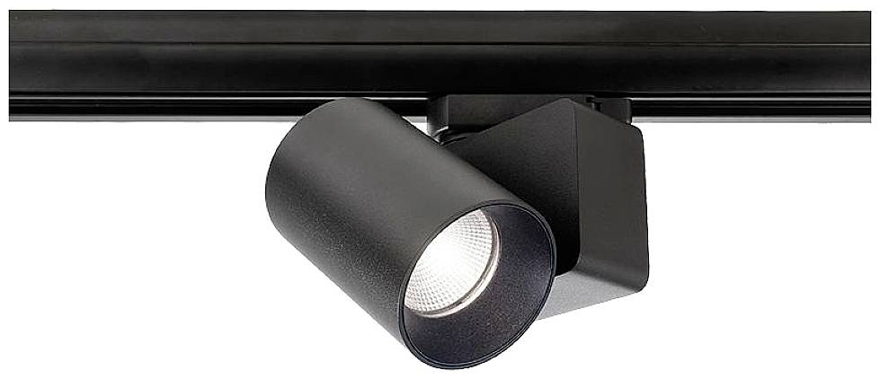 Schwarzer, zylindrischer LED-Deckenstrahler an einer Schiene montiert, beleuchtet mit fokussiertem Licht, passend für moderne Raumgestaltung.