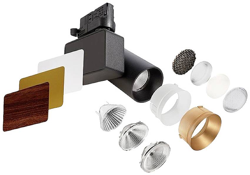 Ein Strahler mit verschiedenen Aufsätzen und Farbfiltern. Enthält Filter in Weiß, Gold und Holzoptik sowie Wabengitter für Lichtmodulation.