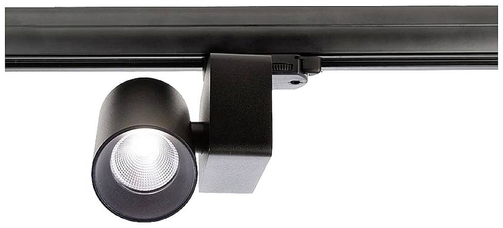 Schwarzer LED-Strahler an einer Decken-Schiene montiert, leuchtet hell. Modernes Design, geeignet für zielgerichtete Beleuchtung.