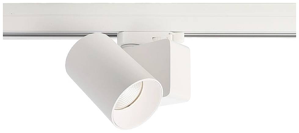 Ein weißer LED-Spotstrahler ist an einer Schiene befestigt und nach unten gerichtet. Der Strahler ist zylindrisch und modern gestaltet.