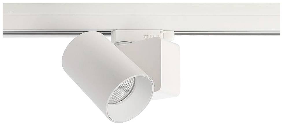 Weiße Wandleuchte an einer Schiene. Sie hat einen zylinderförmigen Lampenkörper und ist modern gestaltet.