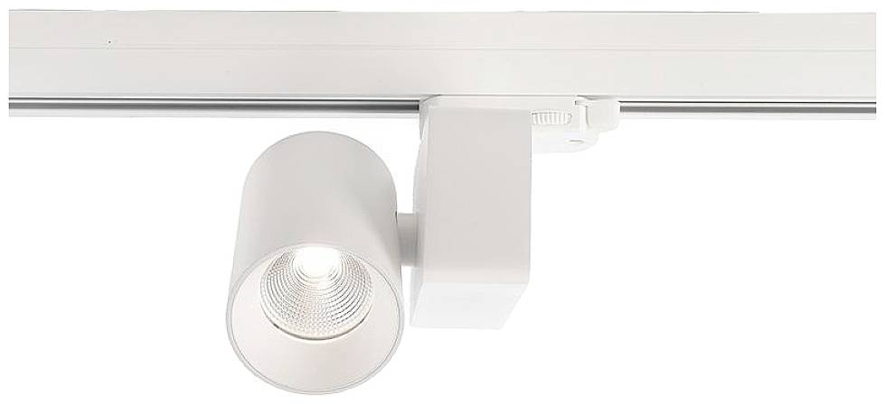 Weiße LED-Schienenleuchte an einer Decke montiert. Die Lampe ist zylindrisch und nach unten gerichtet, für gezielte Beleuchtung geeignet.