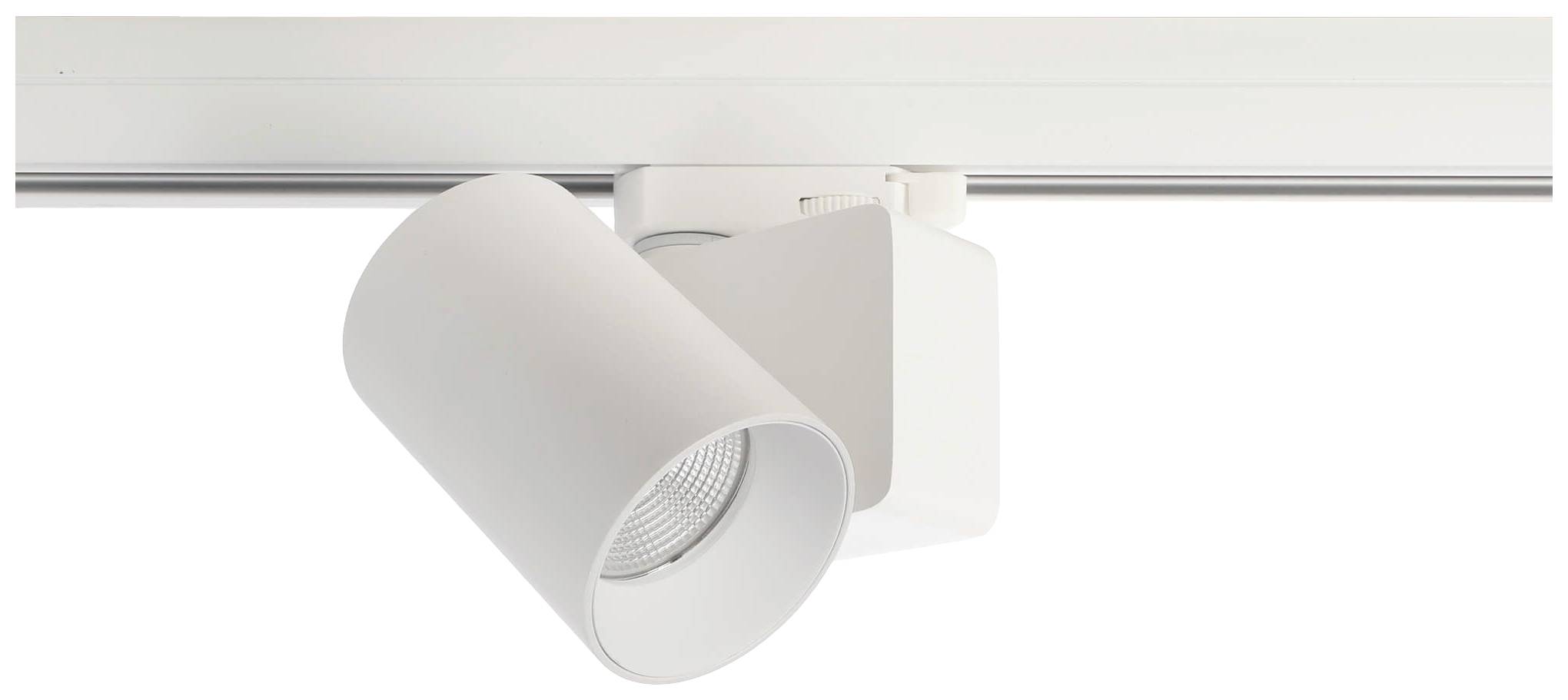 Ein weißer, moderner Deckenstrahler ist an einer Schiene montiert. Er strahlt nach unten und kann gedreht werden, um verschiedene Bereiche zu beleuchten.