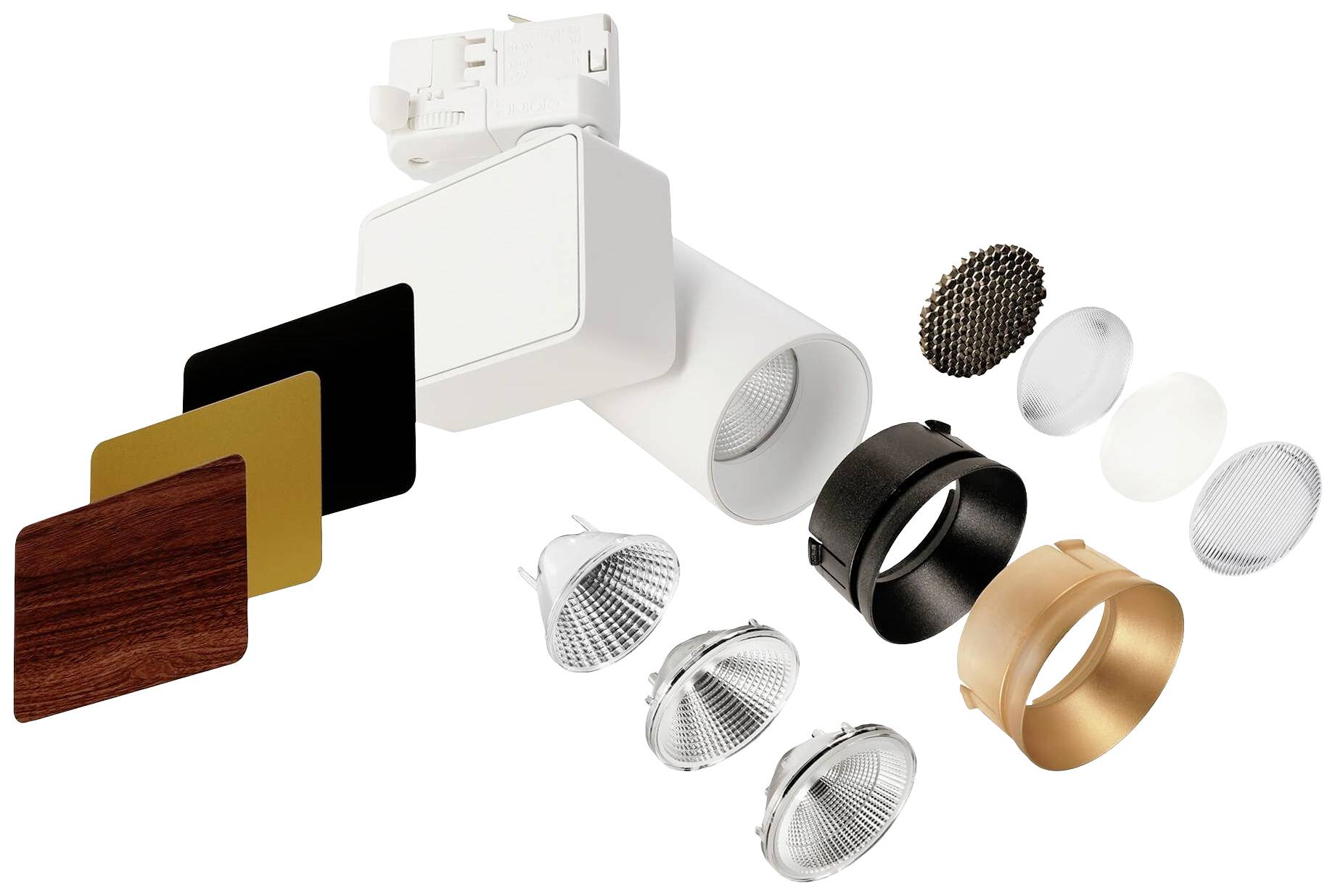 Eine Auswahl von Leuchtenteilen in verschiedenen Farben und Formen, darunter weiße, schwarze und goldene Elemente.