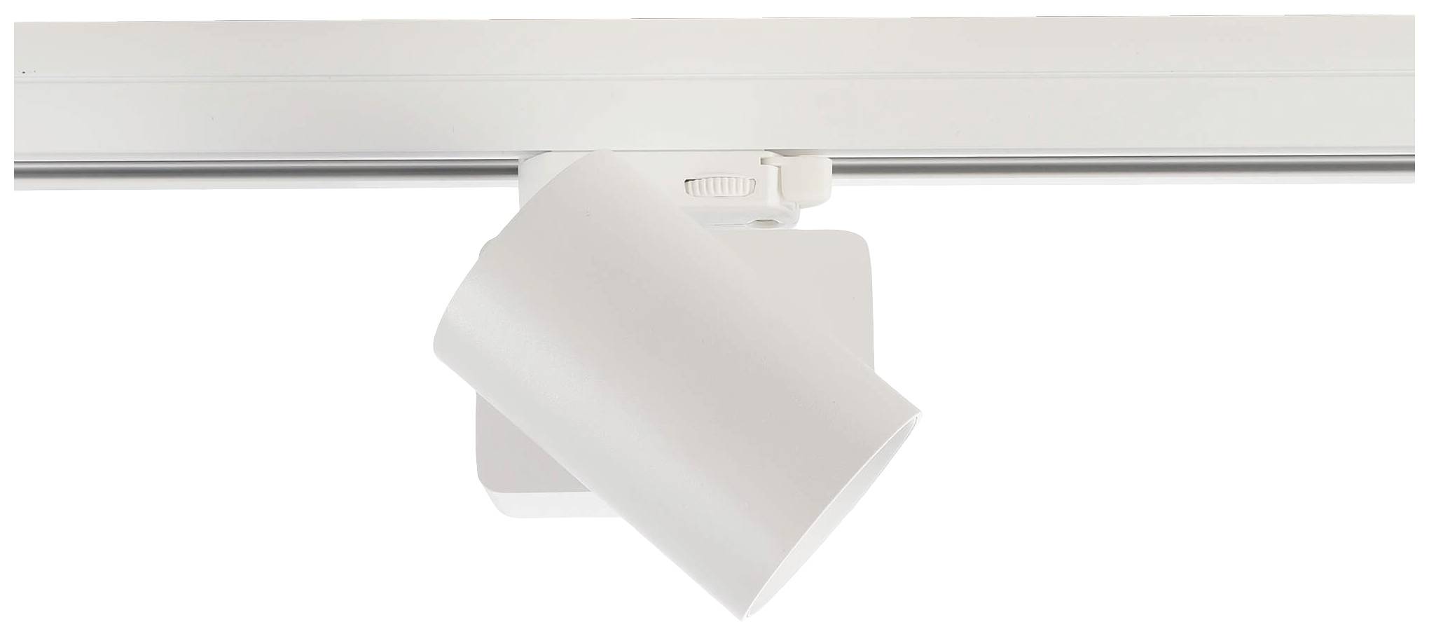 Eine weiße Deckenschiene mit einem verstellbaren, zylinderförmigen Strahler, der zur Beleuchtung eines bestimmten Bereichs dient.
