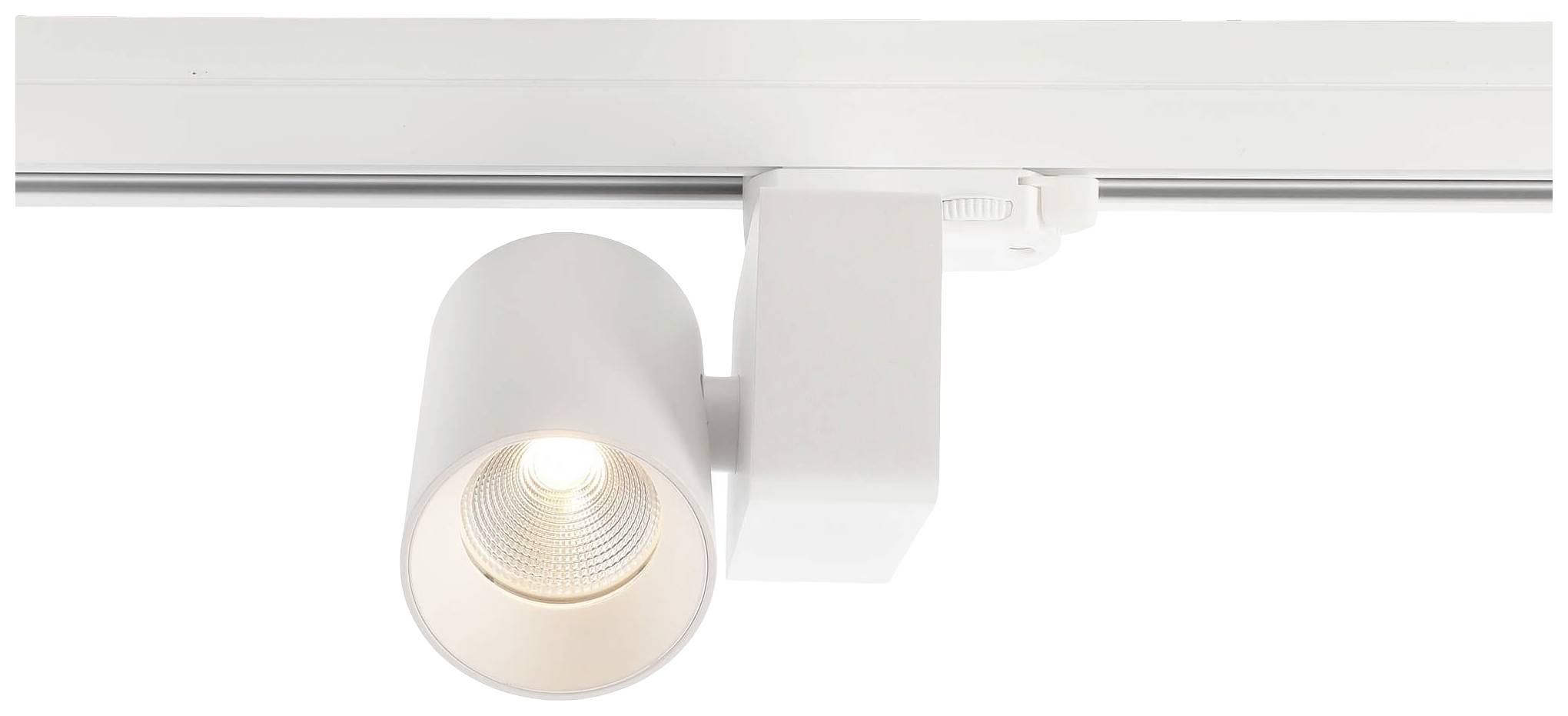 Weiße Deckenleuchte mit zylindrischem Kopf, montiert auf einer Schiene. Der Strahler ist in einem modernen Design gestaltet.