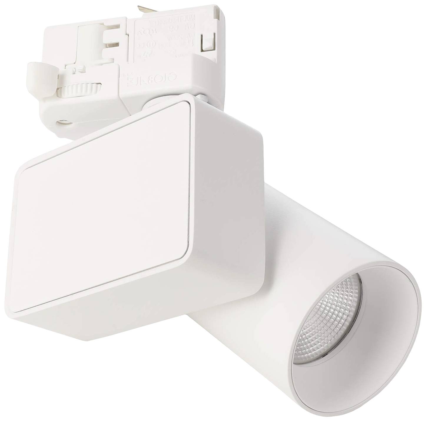 Ein weißer, moderner LED-Spotstrahler mit schwenkbarem Kopf, geeignet für Schienensysteme in Innenräumen, vor neutralem Hintergrund.