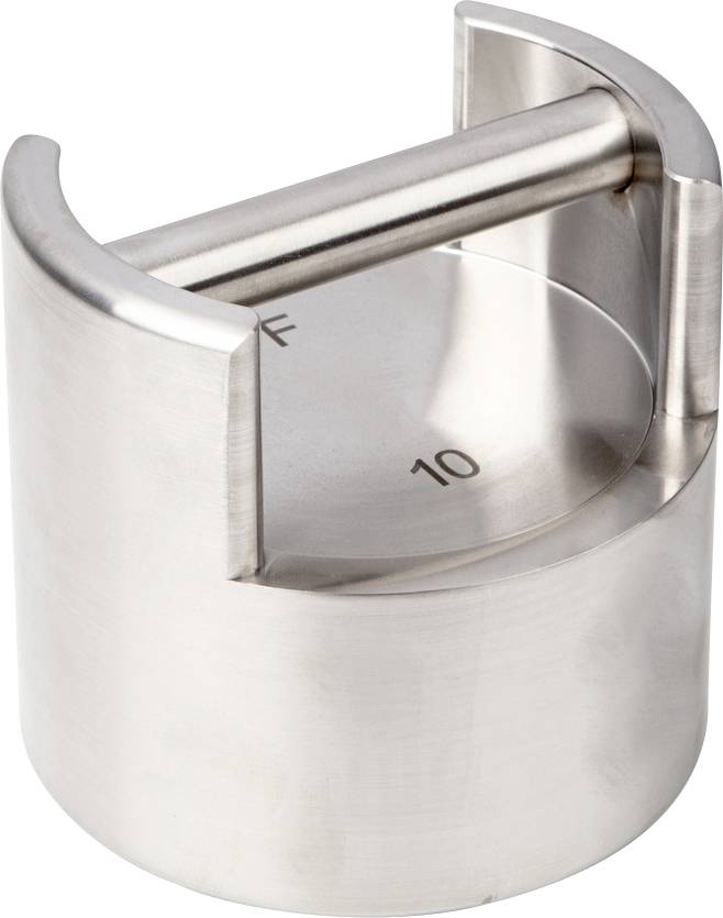 Silbernes Metallgewicht mit Aufschrift '10 F', zylindrische Form, mit einem Griff oben. Verwendet zur Kalibrierung oder Messung.