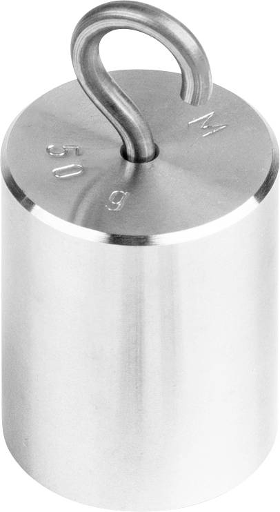 Ein zylindrisches Metallgewicht mit einem Haken oben, beschriftet mit '50 g'.