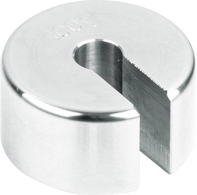Rundes Metallgewicht mit Aussparung, auf dem '100 g' eingraviert ist. Verwendet für Labor- oder Messequipment.
