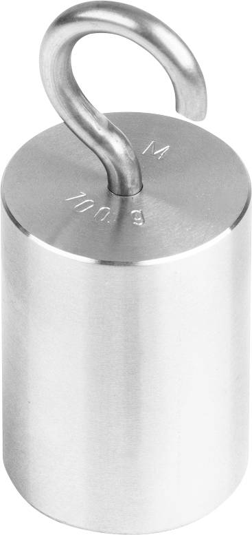 Ein zylindrisches Metallgewicht mit einem Haken oben. Gravur zeigt '500 g'.