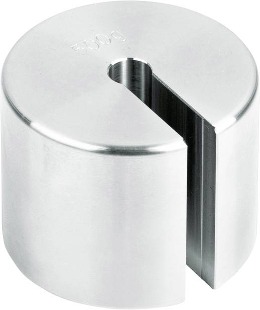 Ein silbernes, zylinderförmiges Gewicht mit der Aufschrift '500 g' und einem seitlichen Schlitz, vermutlich für wissenschaftliche Messungen.