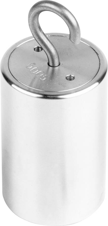 Zylindrisches, silbernes Gewicht mit Haken an der Oberseite, für physikalische Experimente oder Gewichtsanwendungen geeignet.