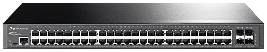 Netzwerkswitch mit 48 Ethernet-Ports und 4 SFP-Ports, geeignet für den Einsatz in großen Netzwerken zur Datenverteilung und -verwaltung.