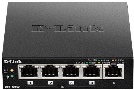 Ein D-Link 5-Port-Gigabit-PoE-Switch mit LED-Anzeigen für Status und Konnektivität, geeignet zur Netzwerkverwaltung in kleinen Büros.