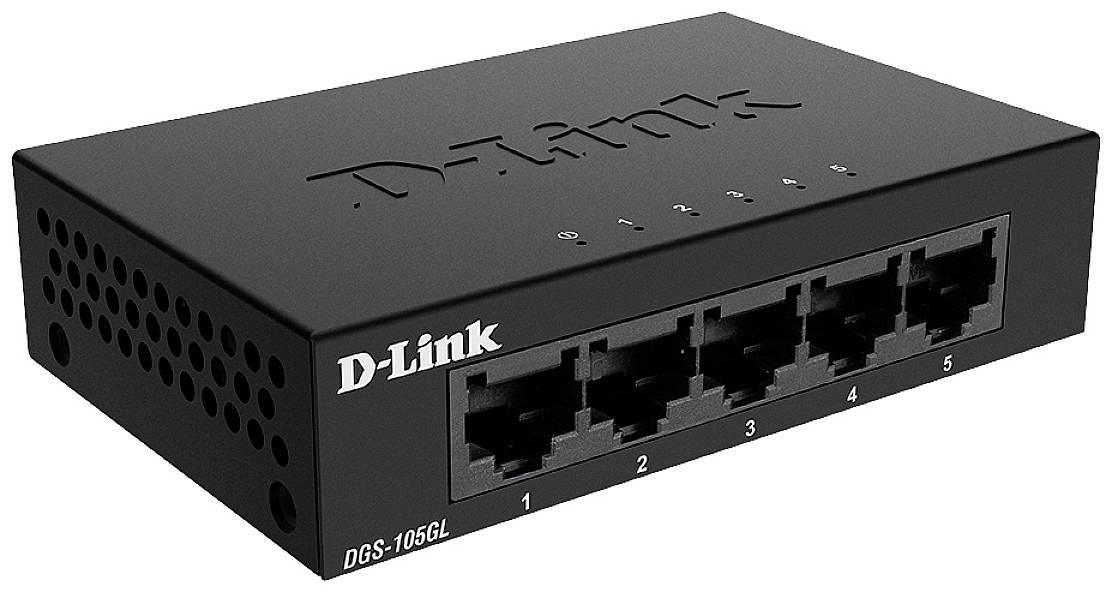 Netzwerkswitch mit fünf Ethernet-Ports der Marke D-Link, Modell DGS-105GL, geeignet für Heim- und Büroanwendungen.
