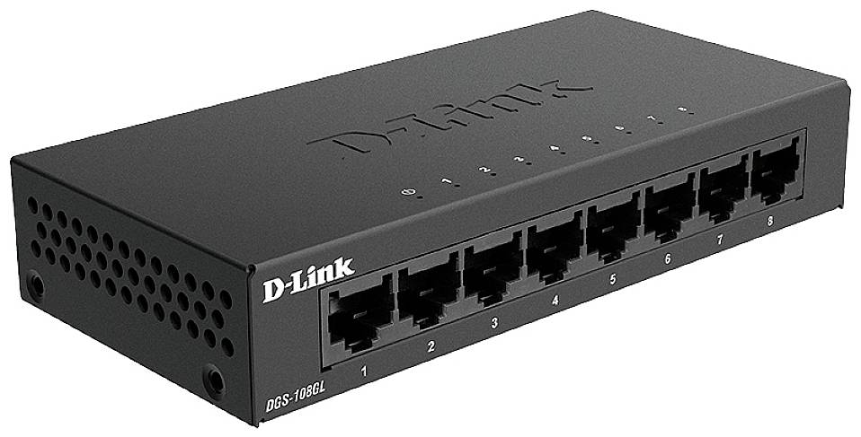 Netzwerk-Switch mit acht Ethernet-Ports, beschriftet von 1 bis 8. Gerät ist schwarz mit 'D-Link'-Logo auf der Oberseite.
