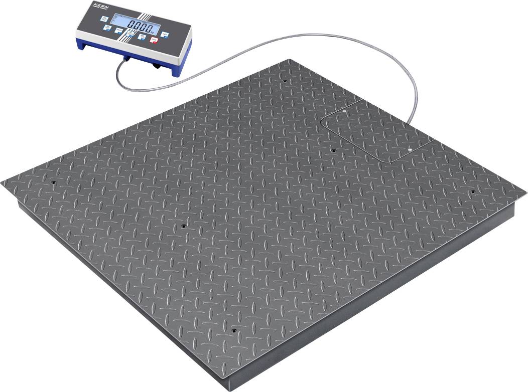 Eine elektronische Bodenwaage mit Anzeige zeigt ein Gewicht von 0,000 kg. Die Waage hat eine rutschfeste Oberfläche und ist durch ein Kabel mit dem Display verbunden.