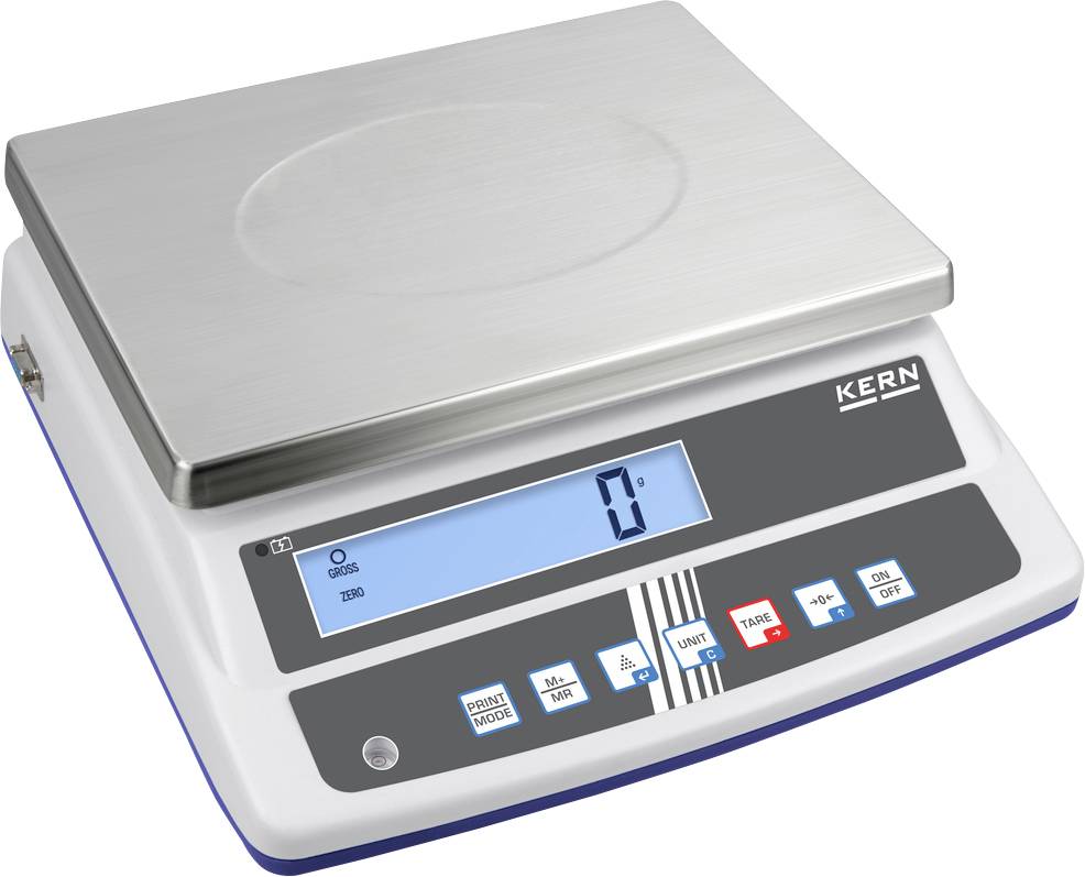 Elektrische Tischwaage mit digitaler Anzeige, zeigt '0' Gramm an. Ovaler Wiegebereich auf der Oberseite, Tasten zur Bedienung vorne.