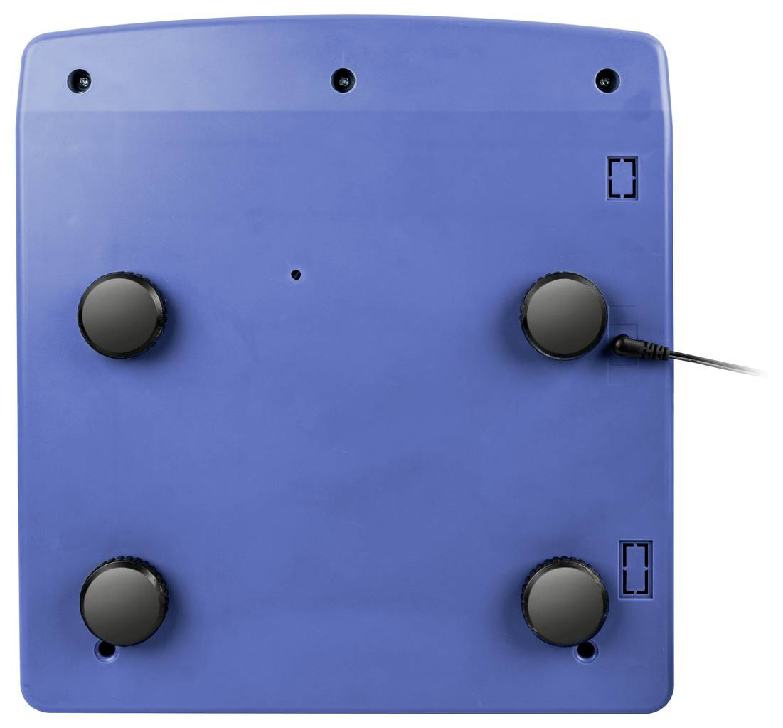 Rückansicht eines blauen Geräts mit vier runden Gummifüßen und einem Kabel auf der rechten Seite.
