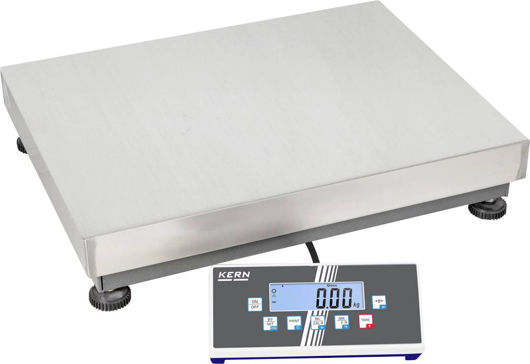 Industriewaage mit großer, flacher Wiegefläche und digitalem Display auf einem separaten Modul. Das Display zeigt '0.00'.