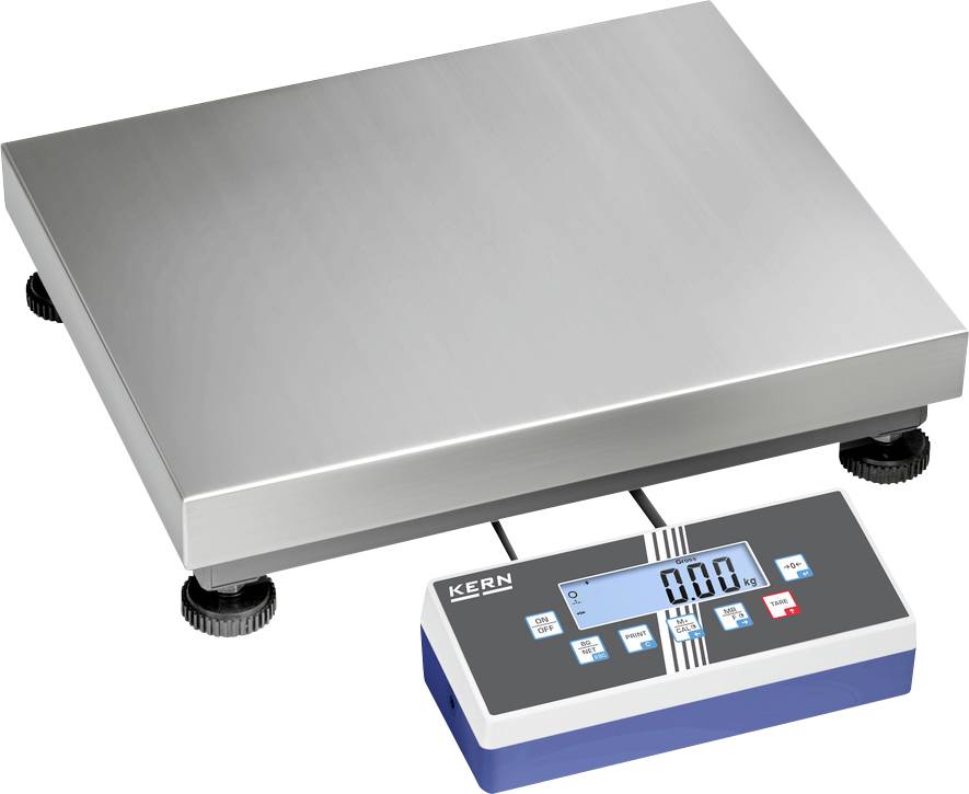 Eine elektronische Waage mit digitalem Display zeigt '0,00 kg' an. Die Waage ist aus Metall mit Gummifüßen für Stabilität.