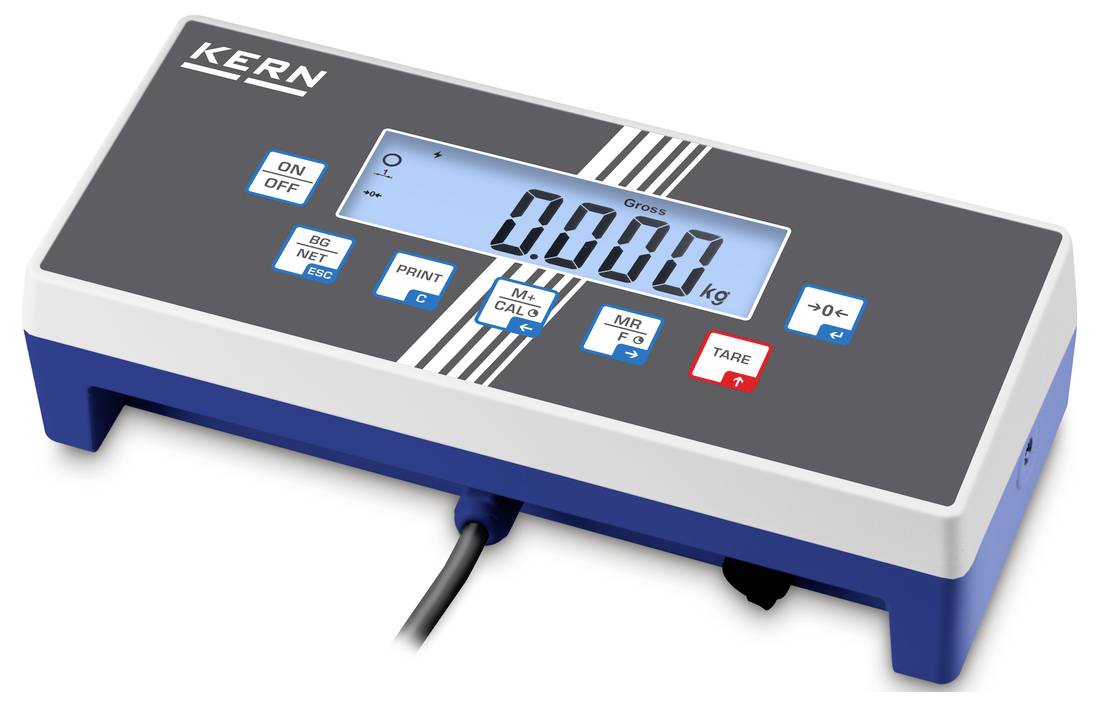 Digitale Tischwaage mit blauem Gehäuse. Zeigt '0.000 kg' auf einem LCD-Display. Verfügt über Tasten für Tarieren und Drucken.