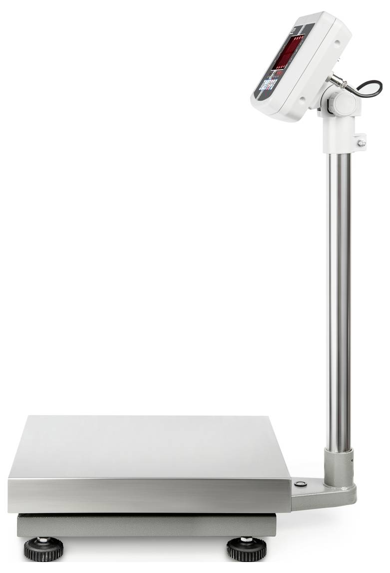 Digitale Waage mit Edelstahlplattform und angehängtem Display auf Metallstange. Geeignet für präzise Gewichtsmessungen.