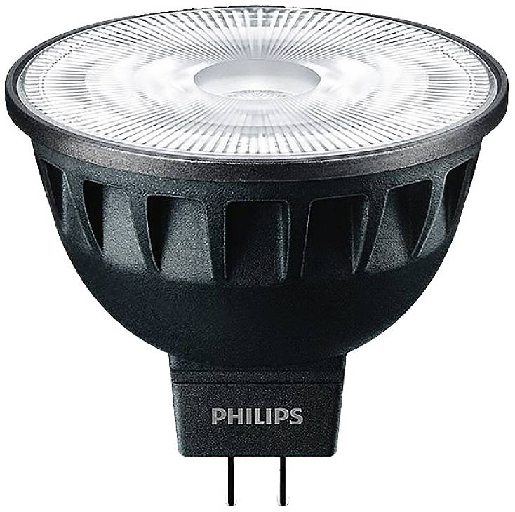 LED-Spotlight von Philips, GU5.3 Fassung, schwarze Oberfläche, geeignet für fokussiertes Licht in Wohn- oder Arbeitsräumen.