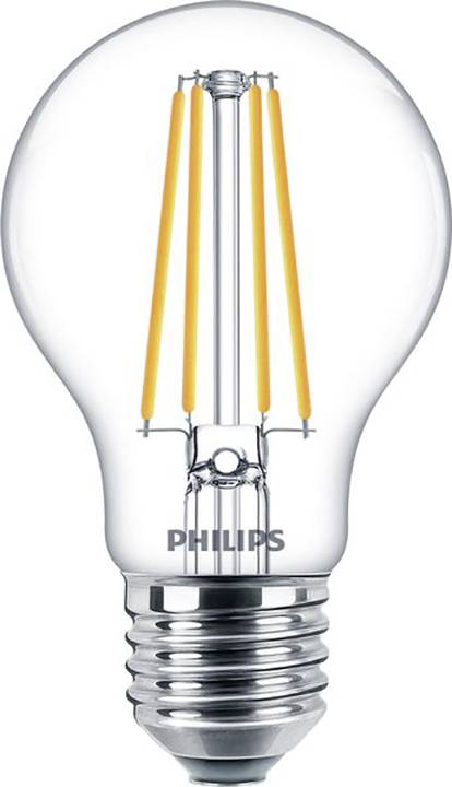 Eine klare Glühlampe mit sichtbaren LED-Filamenten, Markenname 'Philips' auf der Fassung.
