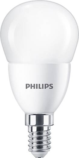 Eine weiße LED-Glühbirne der Marke Philips mit E14-Sockel, geeignet für Energiesparlampen in Haushalten und Büros.